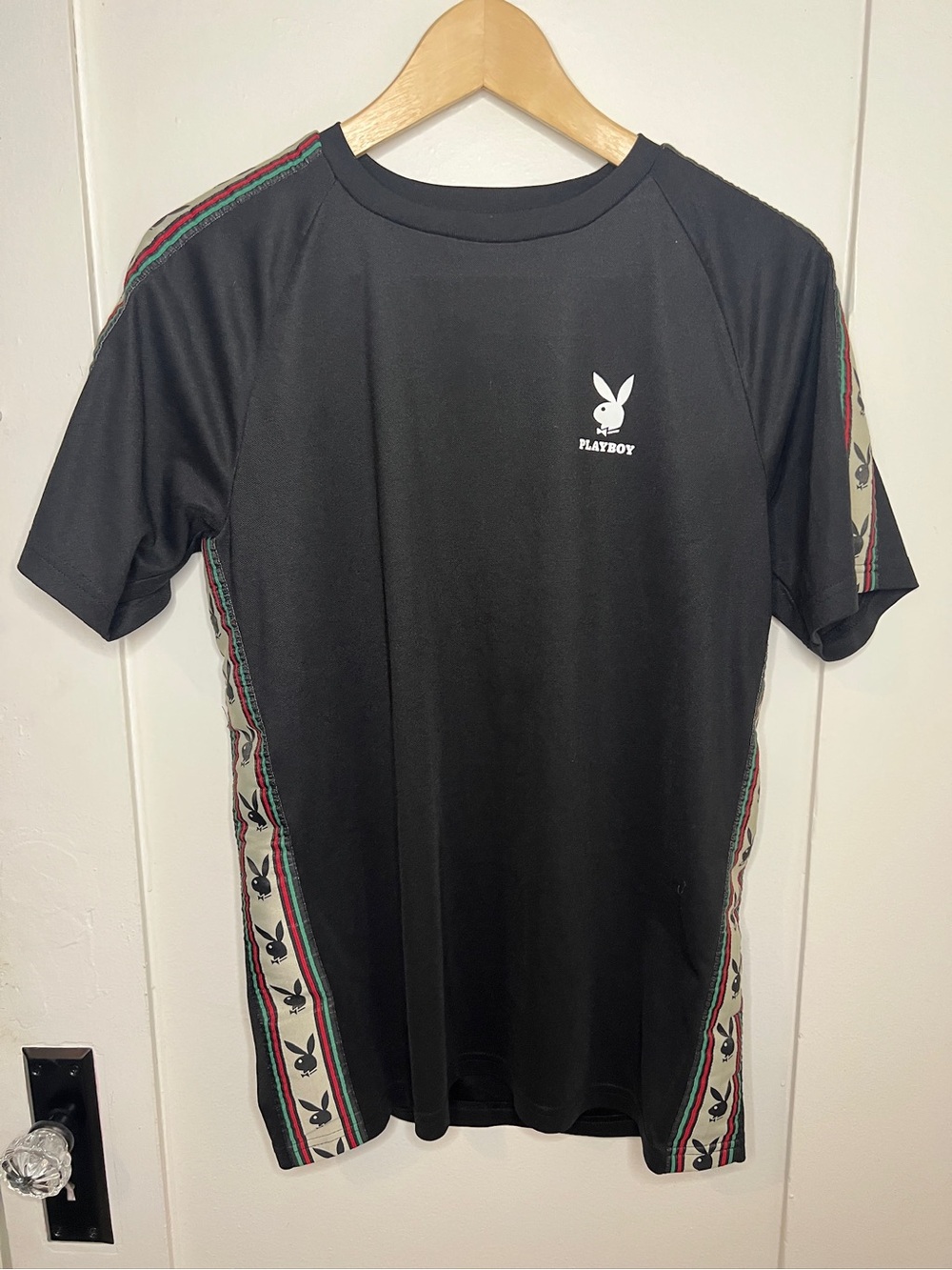 PLAYBOY Vintage Black Short-Sleeve Tee with Bunny Logo and Side Stripe